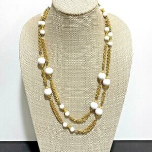 Vintage gold tone chain necklace with white beads